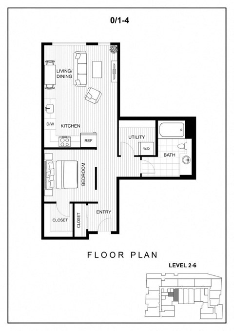 Floor plan for 1 bed, 1 bath, 645 sqft
